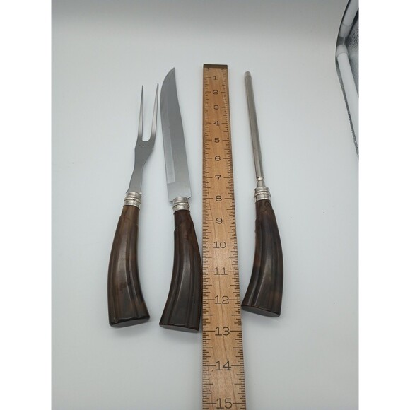 Sheffield Carving Set Bakelite Swirled Butterschotch MCM Fork Knife Sharpen Rod - Picture 10 of 10